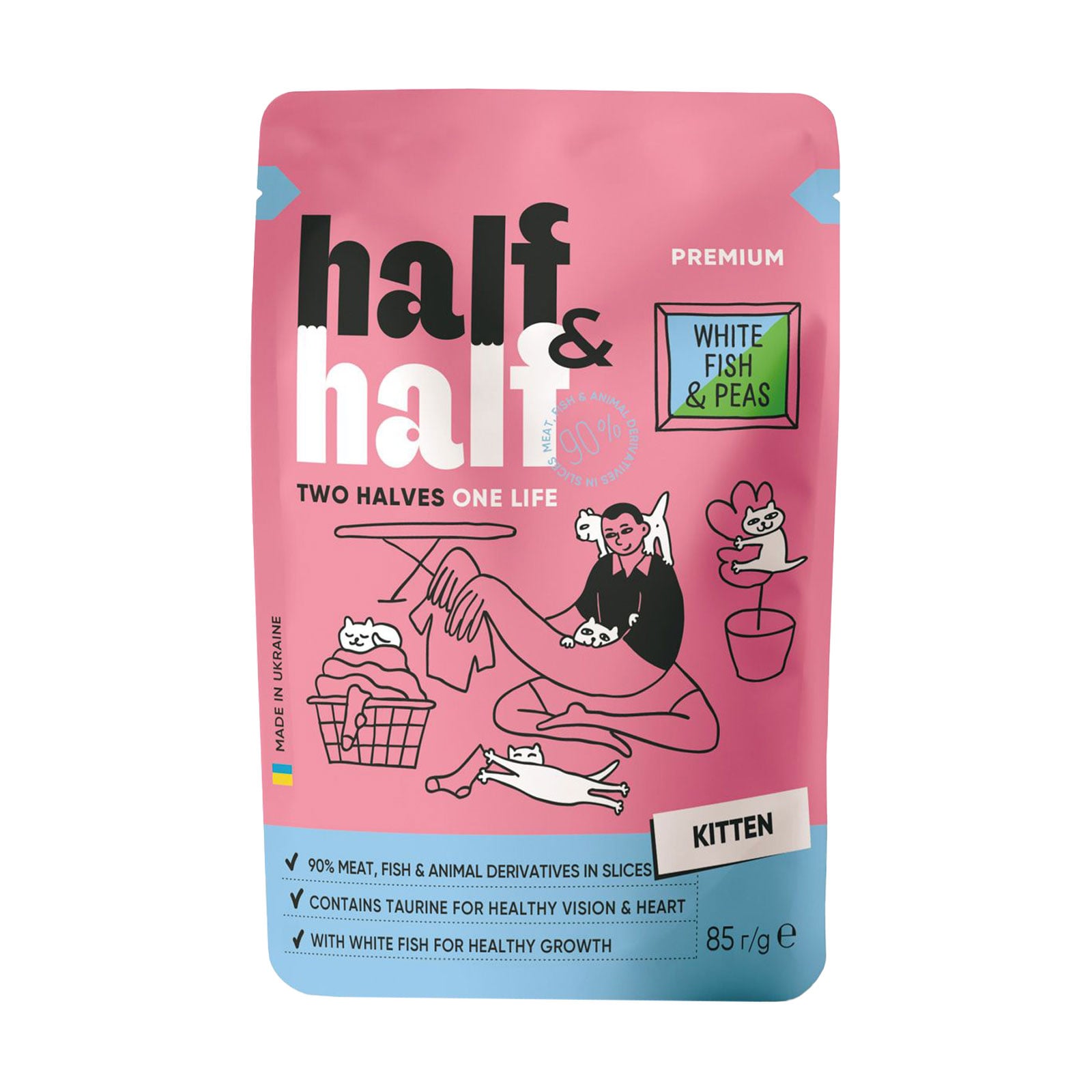 Вологий корм для кошенят Half&amp;Half з білою рибою та горохом в желе, 85 г
